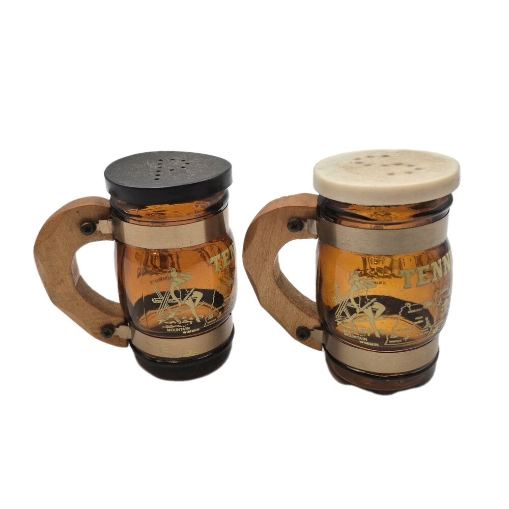Vintage Artmark Tennessee Amber Glass Beer Mug S&P Shakers Wood Handles 3.5"